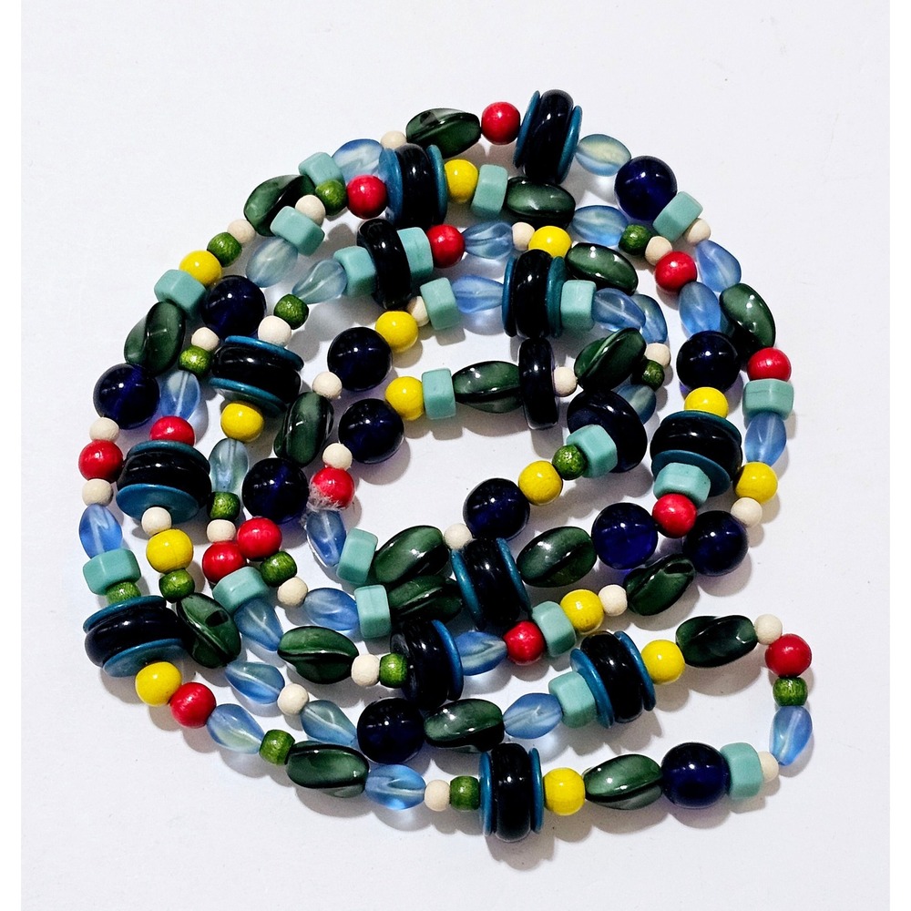 Vintage 1970s Glass Beaded Opera Necklace: Boho Tribal Style, 50"